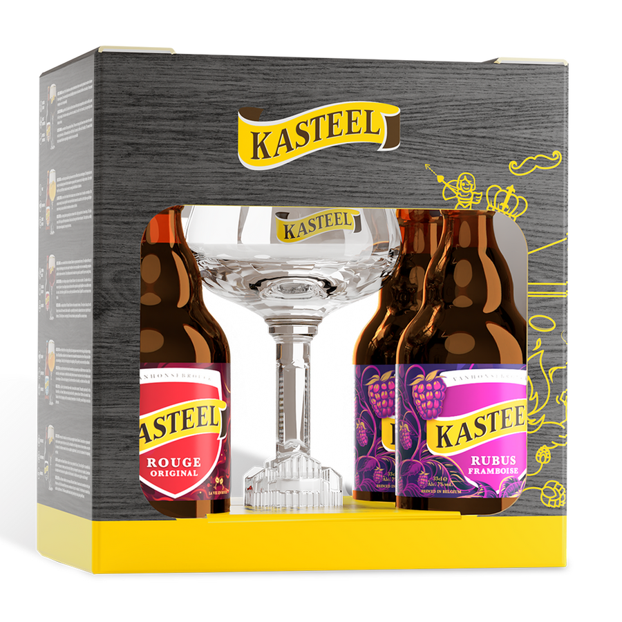 Kasteel Fruit Beer Gift Set Belgian Cherry and Raspberry Beer 7-8% 4x 330ml bottles and glass set