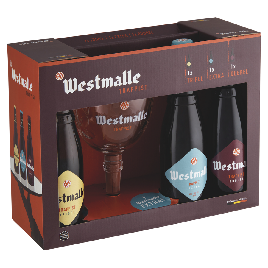Brouwerij Der Trappisten Van Westmalle Gift Set Belgian Extra, Dubbel Tripel 3x 330ml bottles and glass gift set