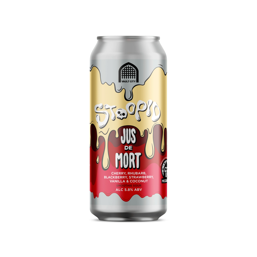 Stoopid Jus De Mort Vendor Vault City X Messorem Cherry, Rhubarb, Blackberry, Strawberry, Vanilla & Coconut Smoothie Sour, 5.8%, 440ml Can
